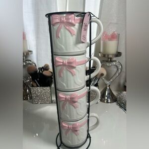 Stackable White Ceramic Mugs with Pink Bow Accent